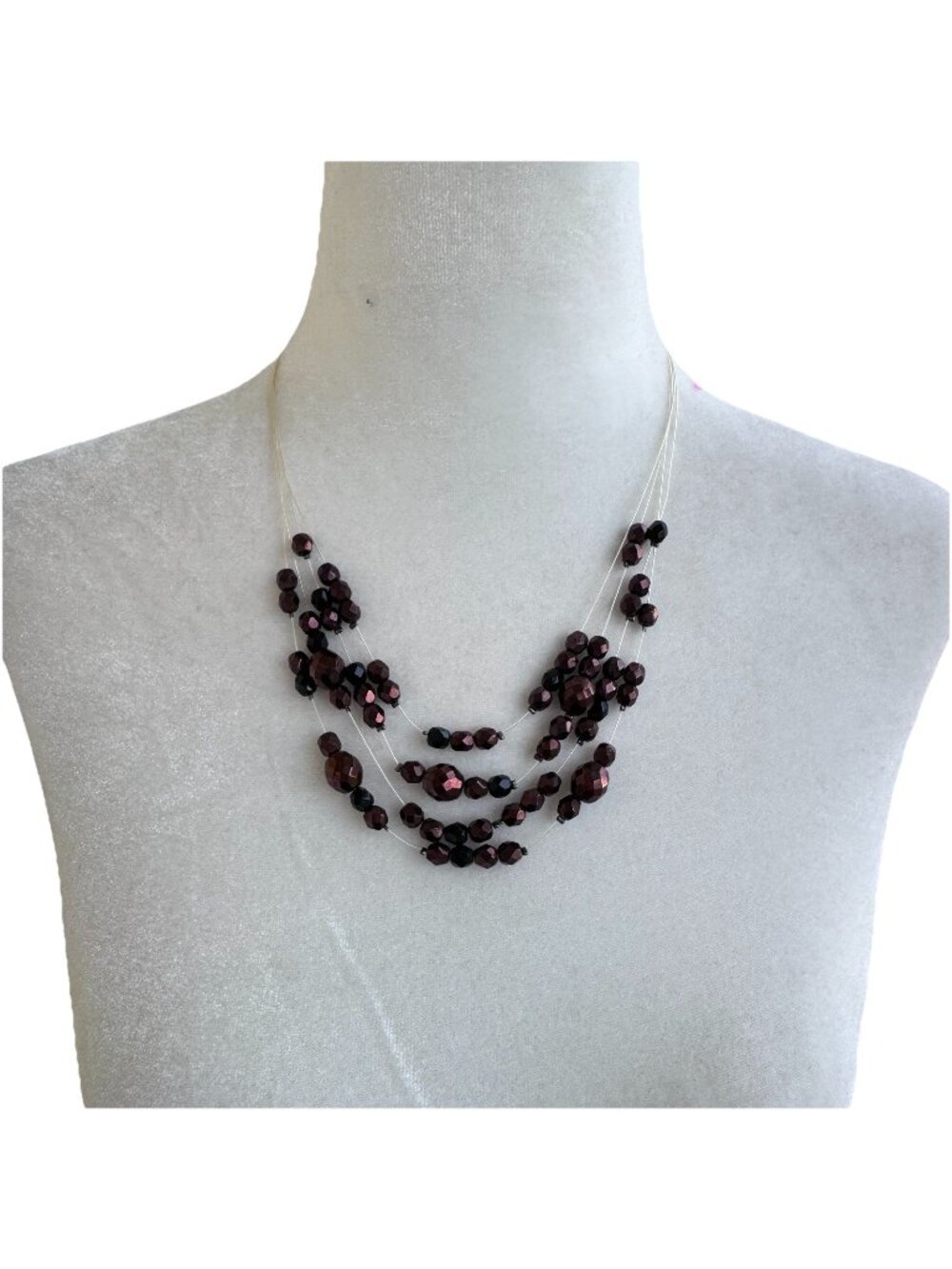 4 Strand Layered Statement Necklace Garnet Burgundy Black Beaded Collar